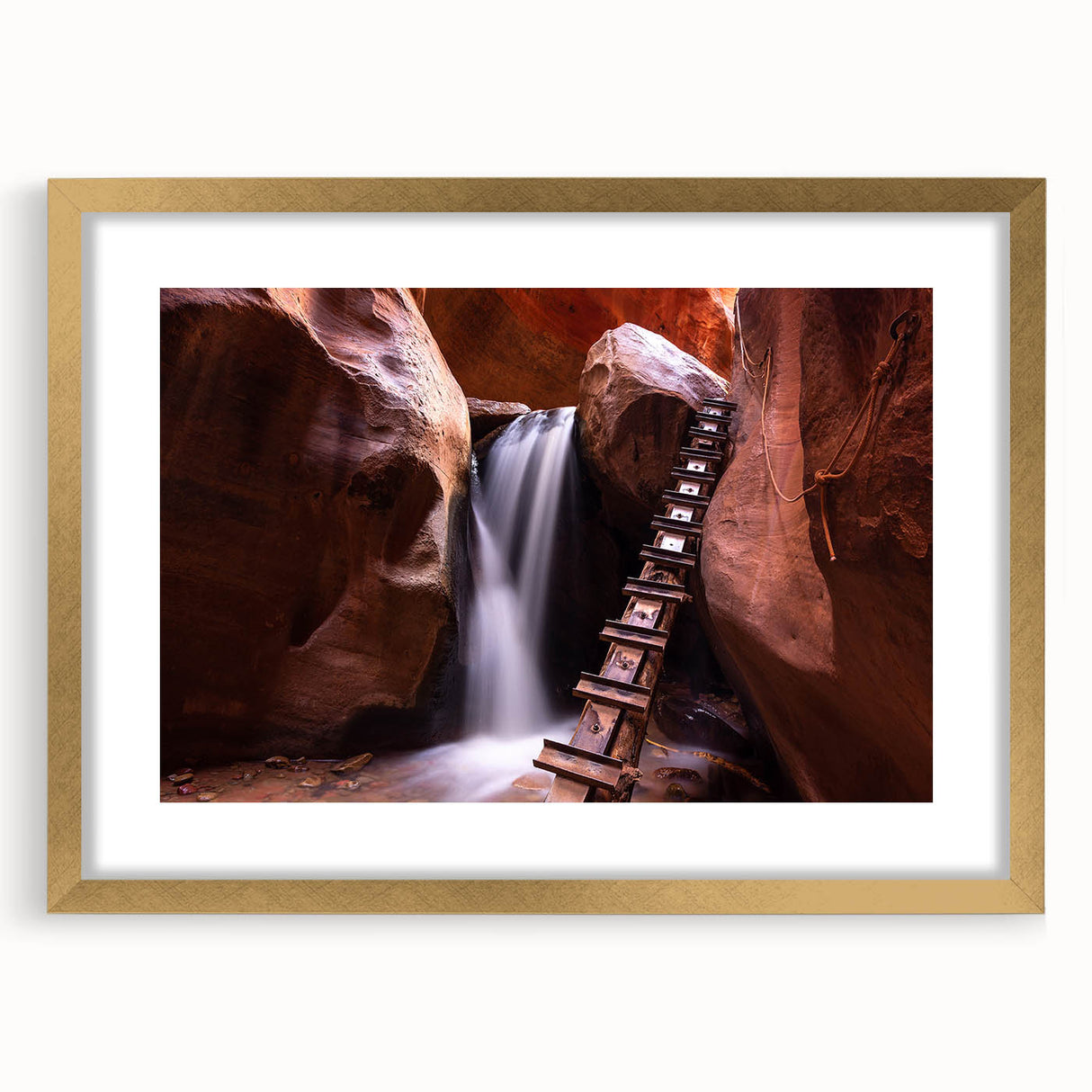 Extra large abstract art print of Zion landscape in muted earth tones, framed in gold, ideal for living room decor.