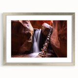 Textured art print of abstract Zion National Park scenery in muted earth tones on a silver-framed mat, ideal for bedroom art.