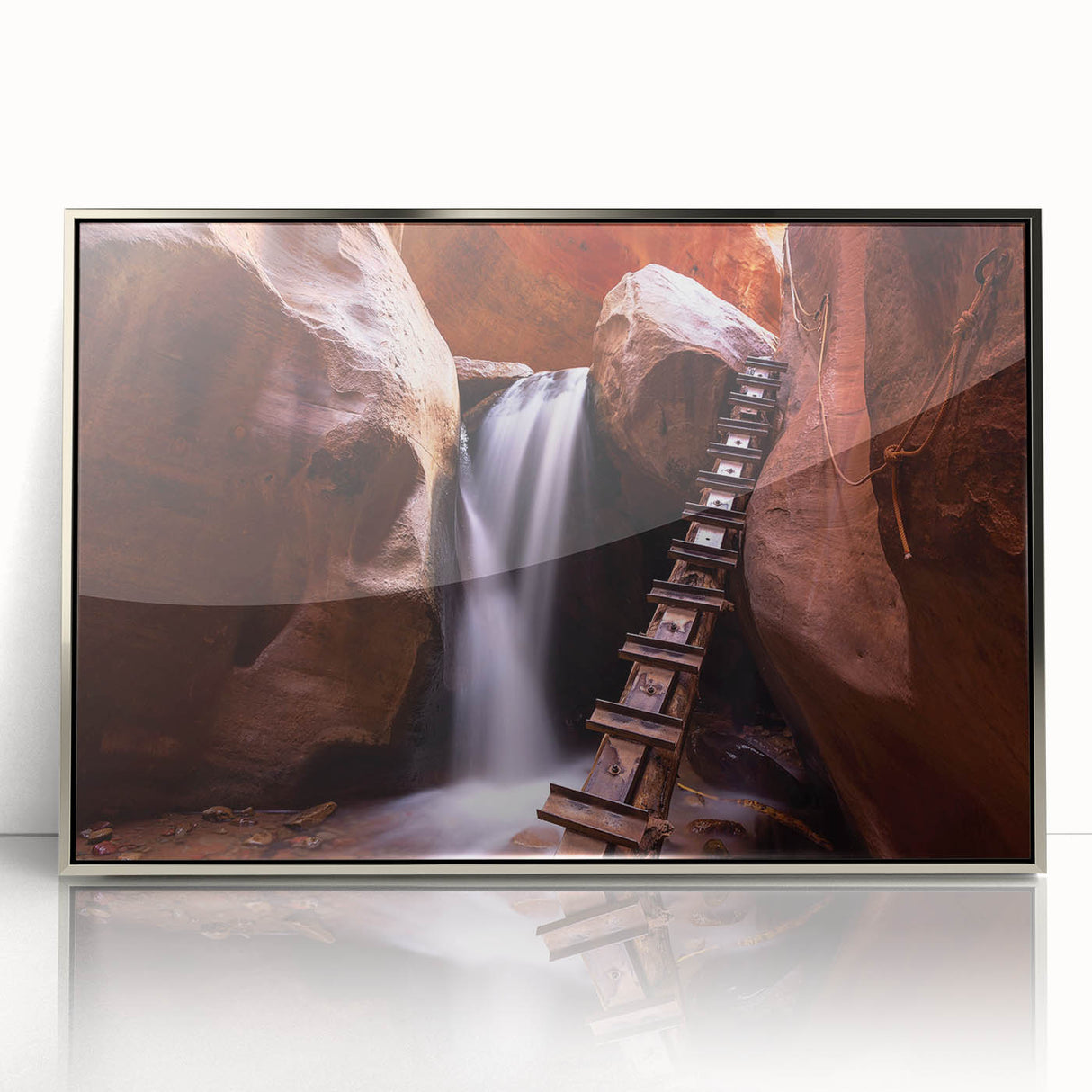 Mid-century modernist art of Zion National Park in muted earth tones on a framed acrylic print.