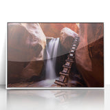 Acrylic print of Zion National Park in muted earth tones, framed in white, suitable for modern art wall decor.