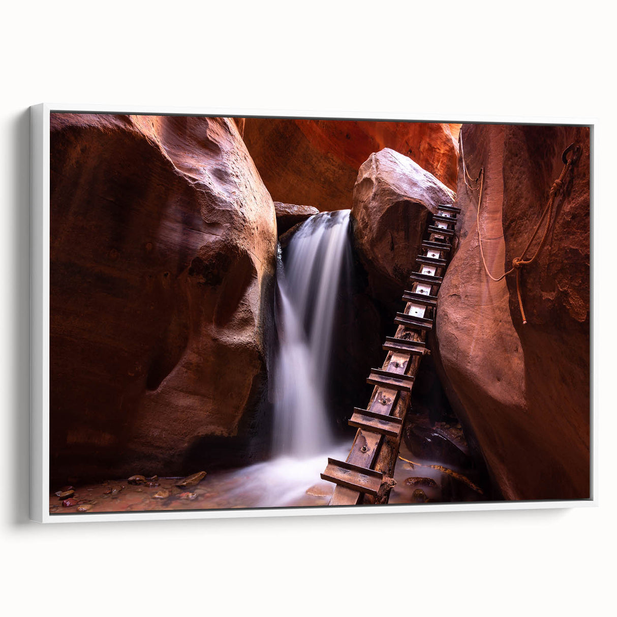 Vintage poster art of Zion National Park on white framed canvas, featuring vibrant colors, ideal for living room decor.