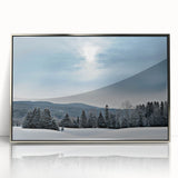 Mid-century modernist art depicting Vermont scenery in muted colors on a silver-framed acrylic.
