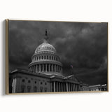 Framed canvas of the Washington DC Capitol in vintage poster style, featuring a landscape scene with black and gold tones.