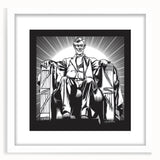Abstract art print of the Washington DC skyline in muted gray tones on a framed white canvas.