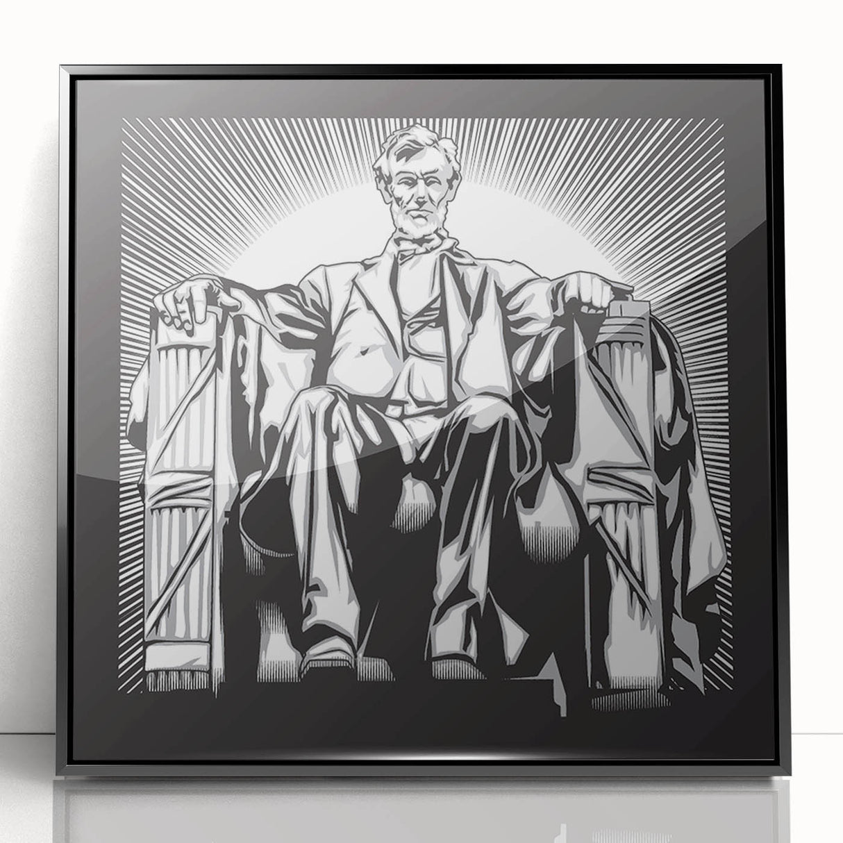 Art deco poster of Lincoln Memorial in muted grays and blacks, framed acrylic, suitable for modern art wall decor.
