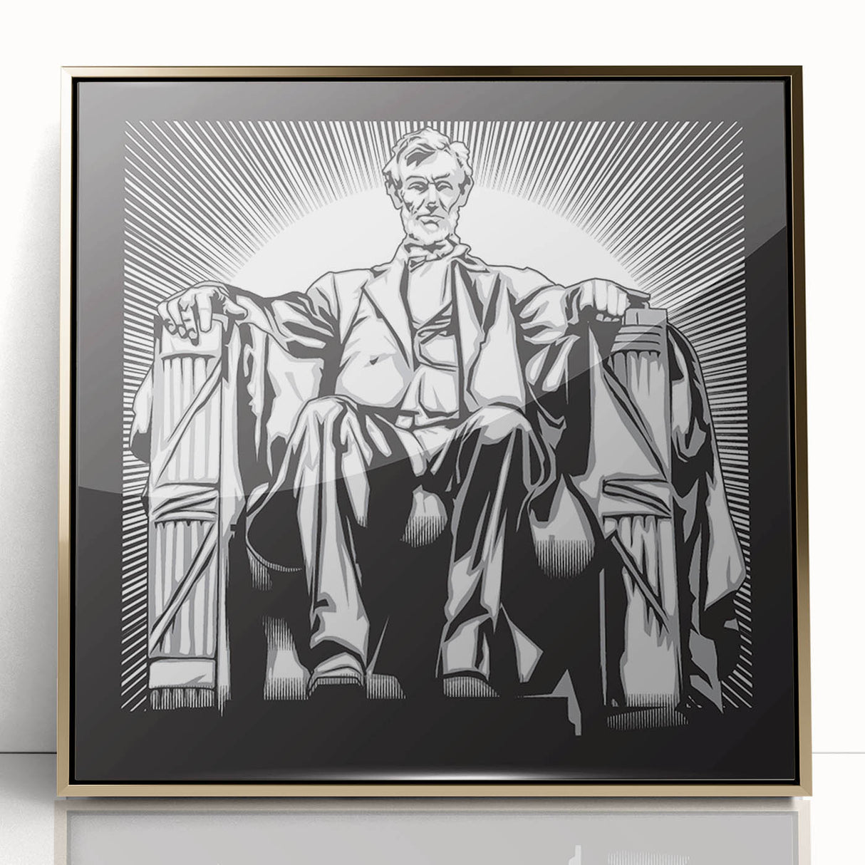 Large abstract wall art depicting the Lincoln Memorial in muted gold and white tones, framed acrylic.