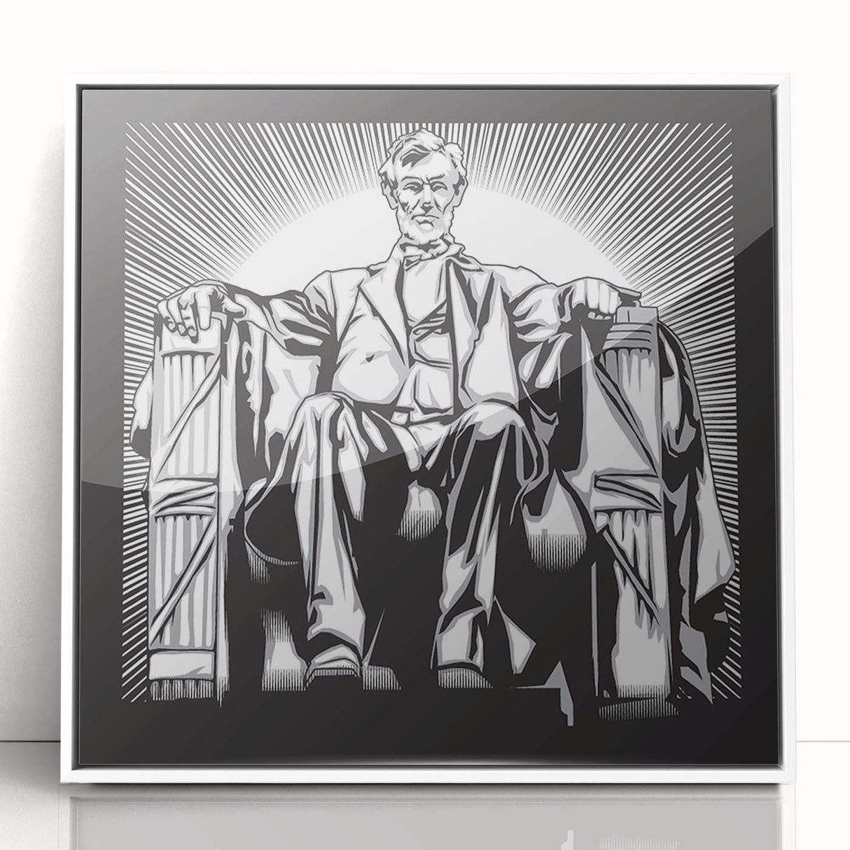 Mid-century modernist art of the Lincoln Memorial in muted grays and whites on framed acrylic, ideal for nursery wall art.