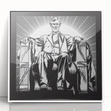 Mid-century modernist art of the Lincoln Memorial in muted grays and whites on framed acrylic, ideal for nursery wall art.