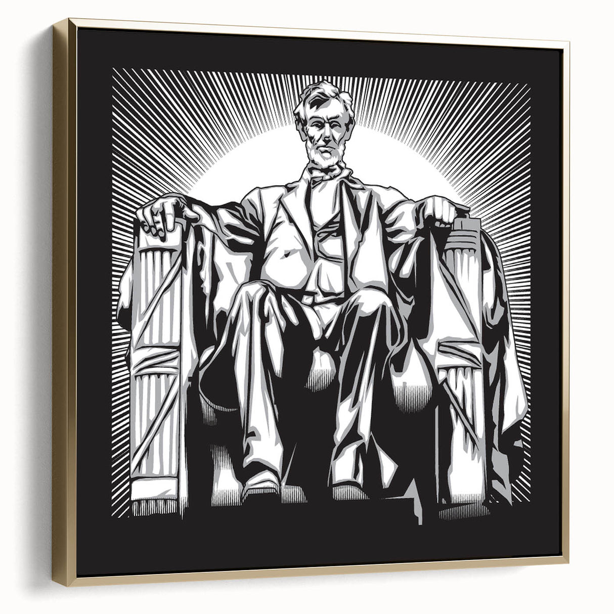 Framed canvas wall art depicting the Lincoln Memorial with a vintage poster style in silver and gold tones.