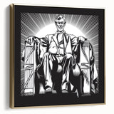 Framed canvas wall art depicting the Lincoln Memorial with a vintage poster style in silver and gold tones.