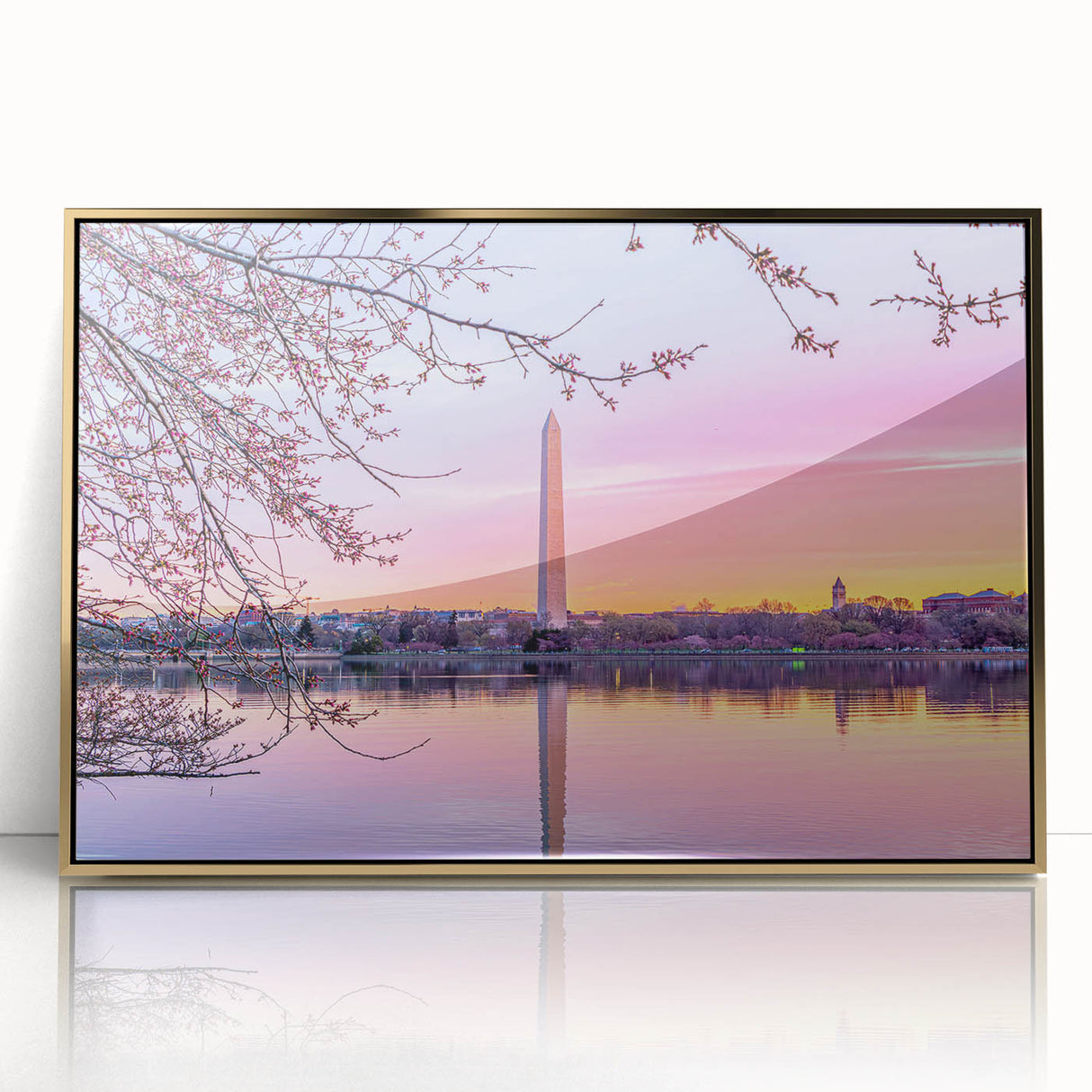Framed acrylic print of Washington D.C. monuments in muted gold and gray tones, suitable for modern art wall decor.