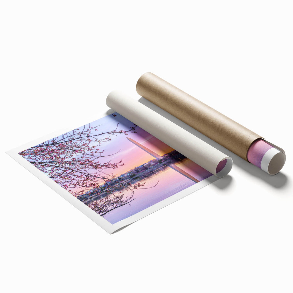 Rolled print of Washington DC monuments in muted gray tones, ideal for classy bathroom wall art.