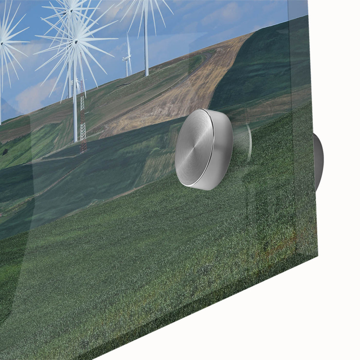 Mid-century modernist acrylic print depicting the rolling hills of Palouse, USA in muted earth tones.