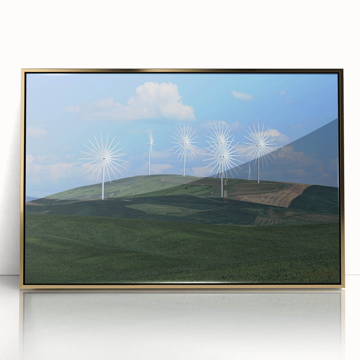 Mid-century modernist landscape of Palouse, Washington in muted earth tones on a gold-framed acrylic print.
