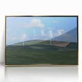 Mid-century modernist landscape of Palouse, Washington in muted earth tones on a gold-framed acrylic print.