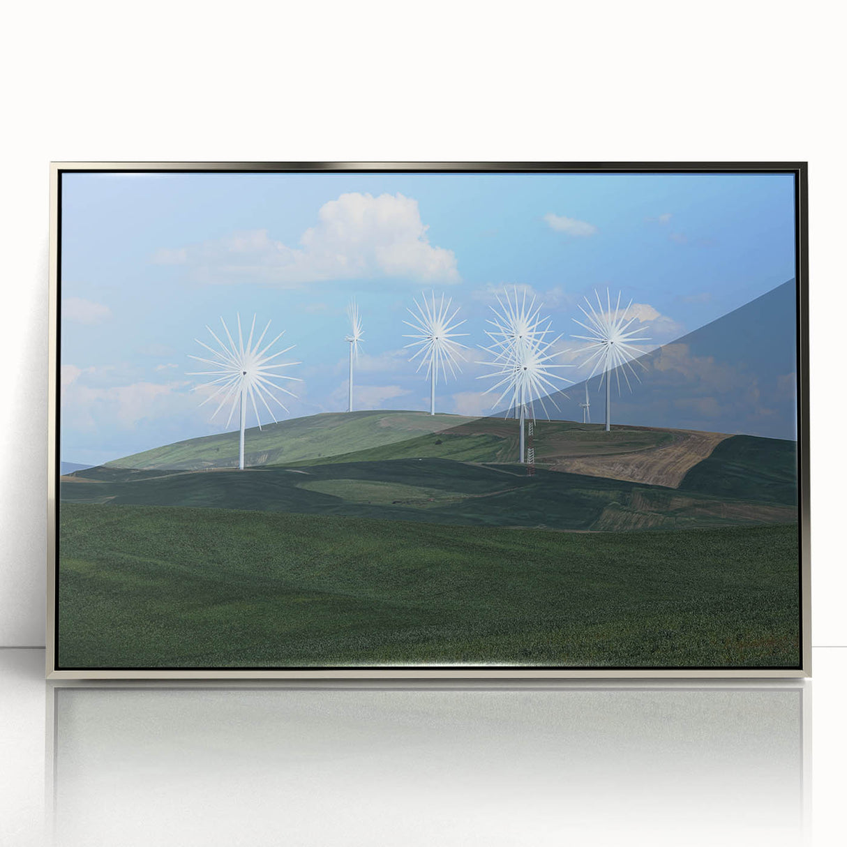Mid-century modernist art depicting the rolling hills of Palouse, Washington in earthy tones on a framed acrylic print.