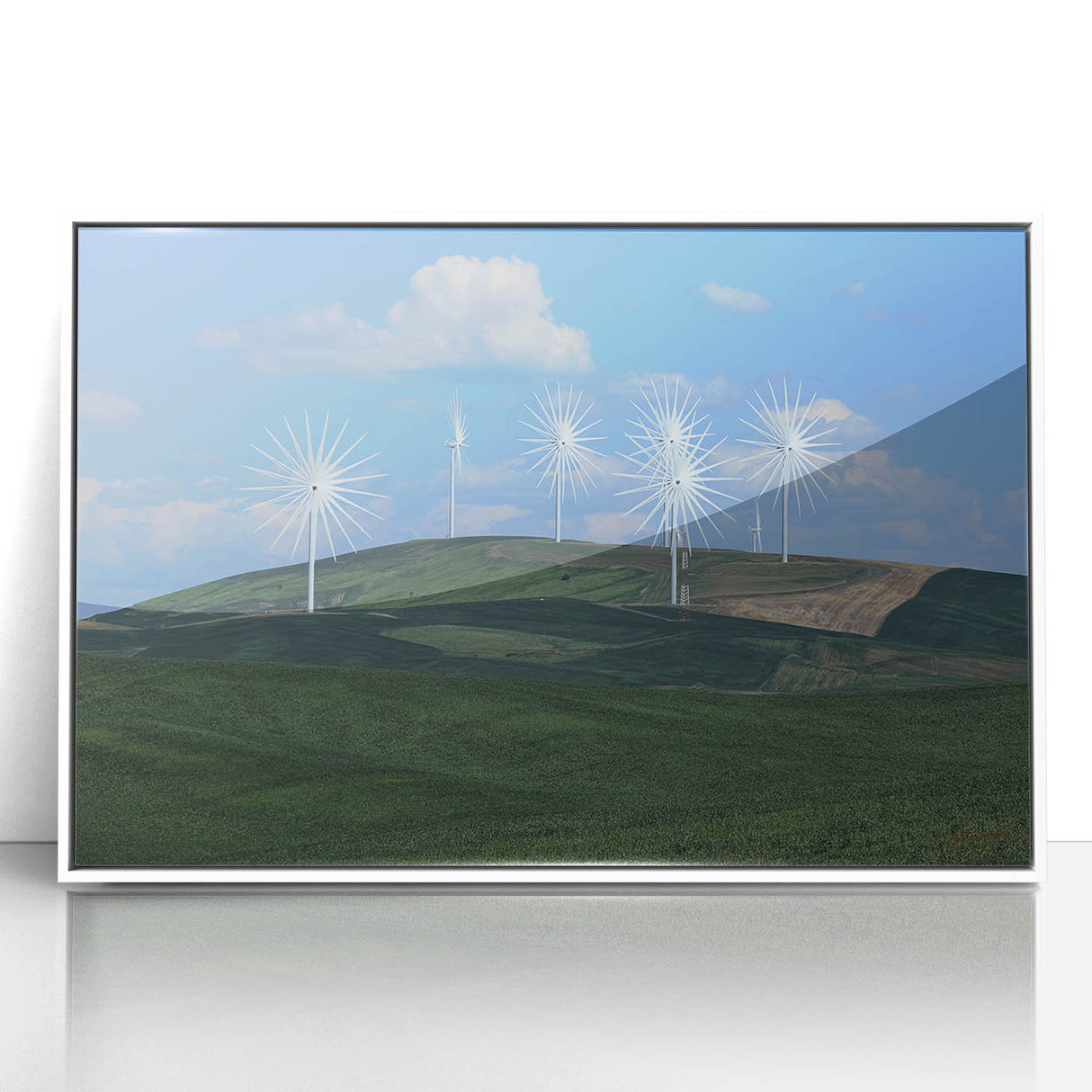 Acrylic print of Palouse, Washington scenery in muted earth tones, framed in white, suitable for modern nursery decor.