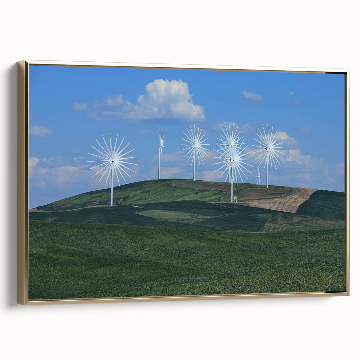 Framed canvas depicting the Palouse landscape in muted earth tones, ideal for bedroom wall art.