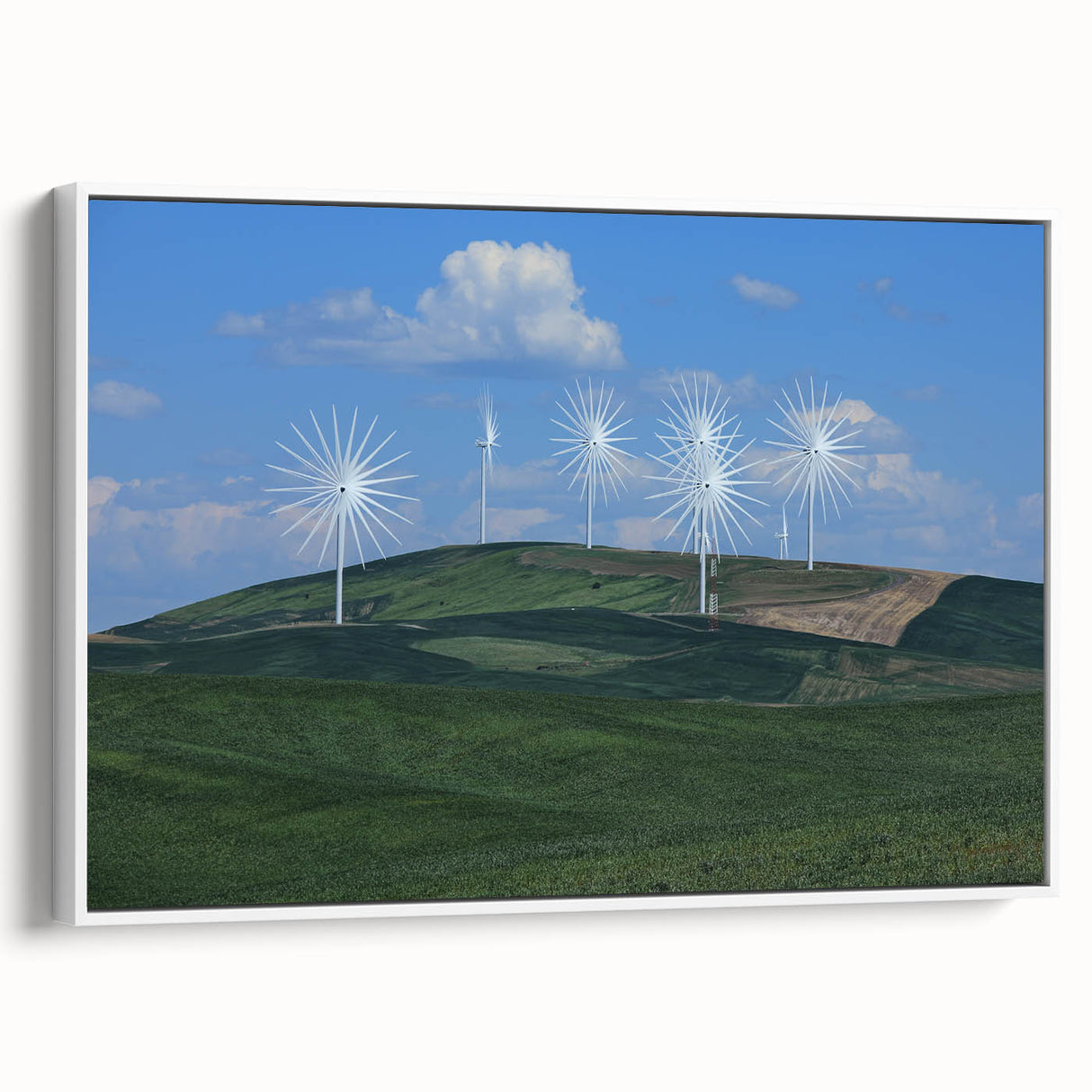 Vintage poster art of Palouse, Washington scenery on a framed canvas, with colorful fields and a soft sky.