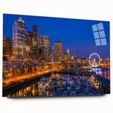 Large abstract wall art of Seattle skyline in muted blue tones on acrylic glass, ideal for bedroom or dining room decor.