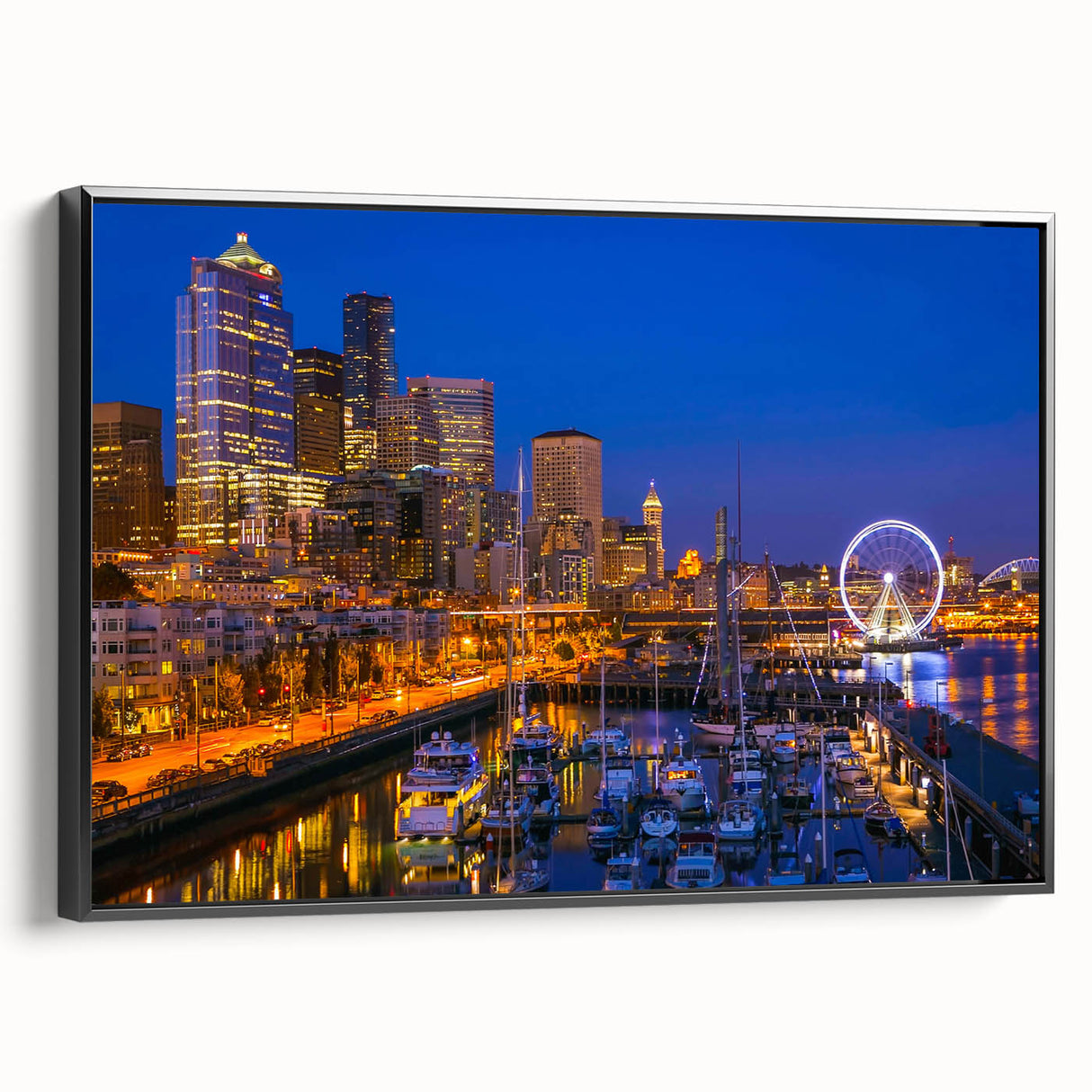 Black and white framed canvas of Seattle landscape, ideal for bedroom wall art.