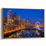 Framed canvas of Seattle landscape in black and gold tones, suitable for bedroom wall art.