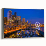 Framed canvas of a vintage Seattle landscape painting in muted black and colorful tones, ideal for office decor.