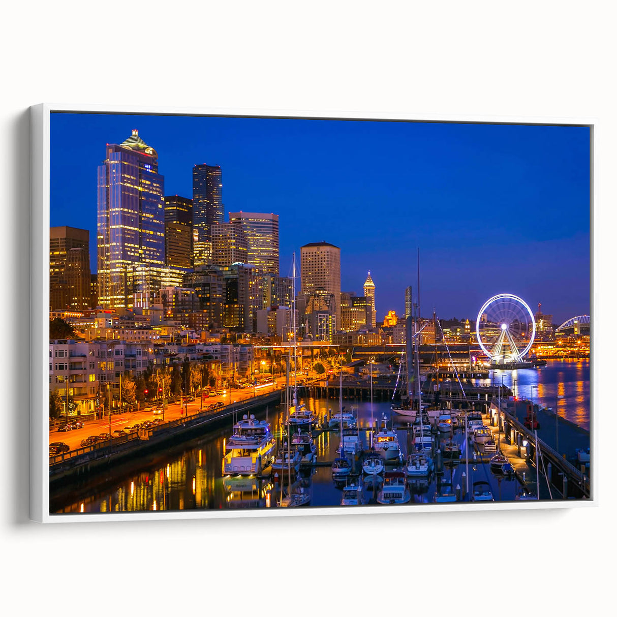 Vintage poster art of Seattle skyline in vibrant colors on a large framed canvas, suitable for living room decor.