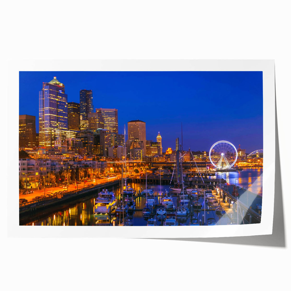 Rolled print of Seattle skyline with soft pastel shades, ideal for art wall dining room.