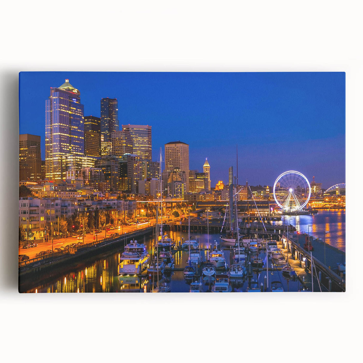 Black and white large art print of Seattle skyline on stretched canvas, ideal for kitchen wall art.