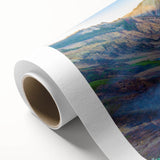 Art deco poster of Yellowstone scenery in muted earth tones on rolled canvas, ideal for nursery wall art.