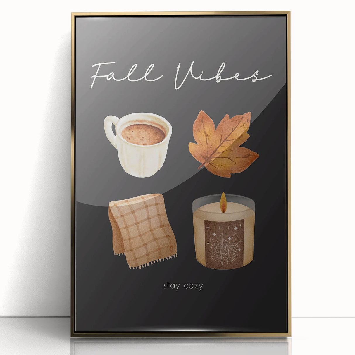 Large art print of a mid-century modernist autumn scene in warm gold tones on acrylic.