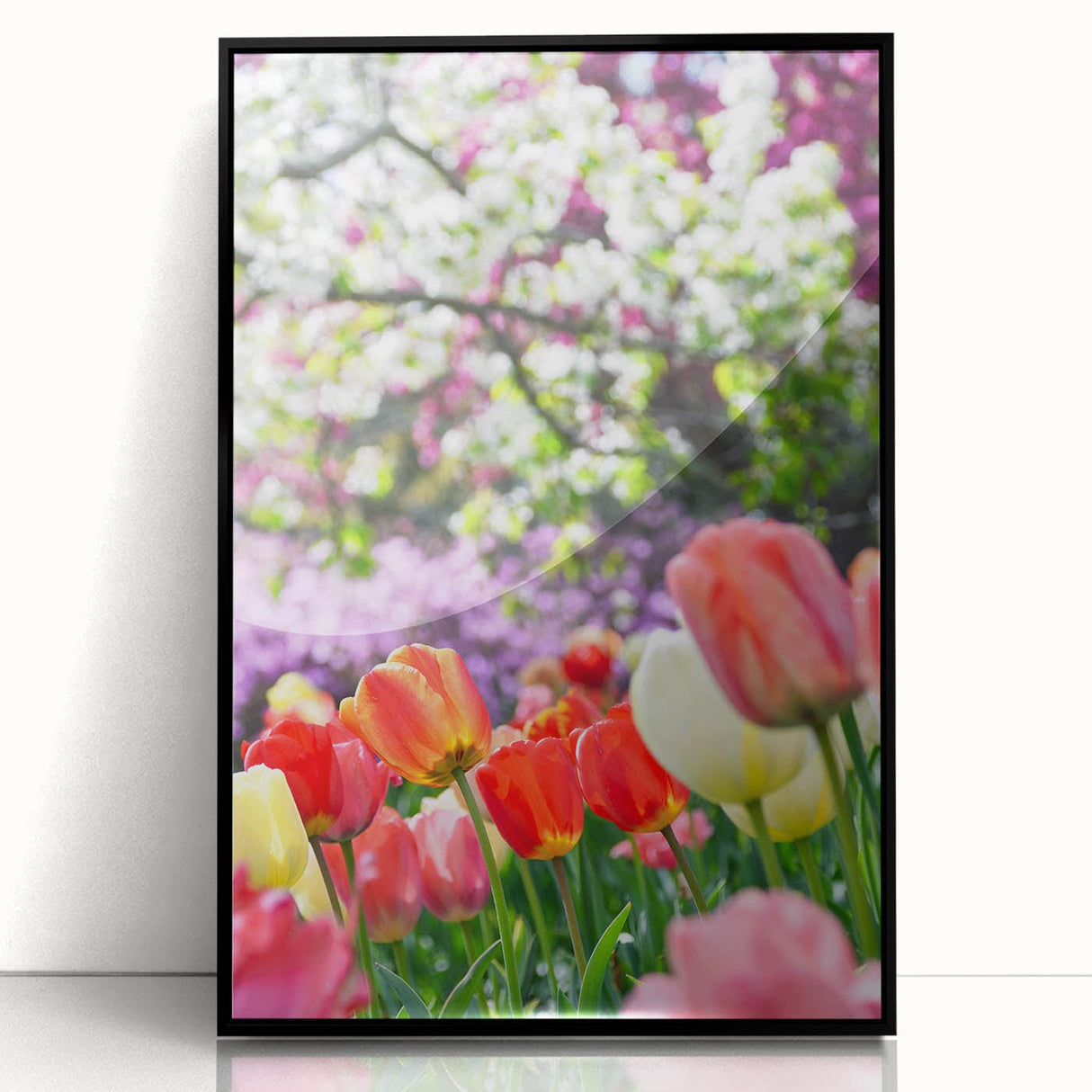 Large abstract wall art depicting spring themes in soft pastel colors, framed in black acrylic.