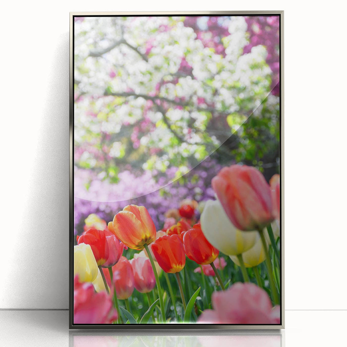 Mid-century modernist art depicting spring season in pastel shades on a silver-framed acrylic print.