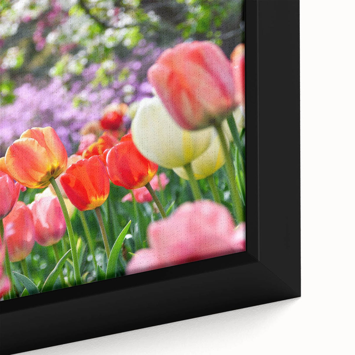 Extra large framed canvas featuring textured, colorful art of spring with a dominant black background.