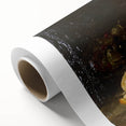 Art Deco poster featuring stylized dishes in muted earth tones on rolled canvas.