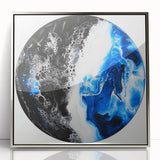 Framed abstract geometric art piece in silver acrylic, showcasing intricate shapes and modern design elements, perfect for contemporary home decor.