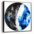 Abstract geometric framed canvas artwork in a sleek black frame, showcasing intricate patterns and vibrant colors, displayed from a side view to highlight its depth and design. Perfect for modern home decor or art enthusiasts looking to elevate their space.