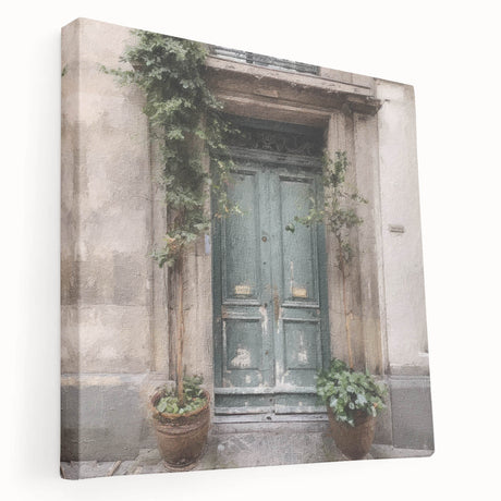 Side view of a large stretched canvas featuring a detailed French door architecture design in neutral tones.