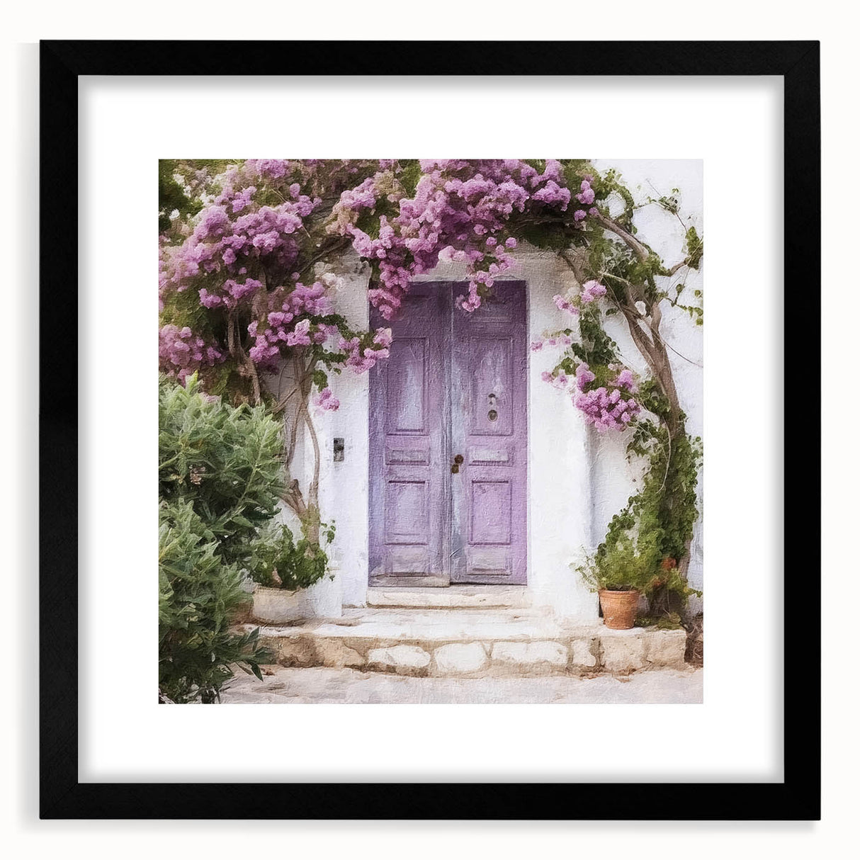 Extra large, textured abstract art print of a colorful, stylized Greek door on a framed black mat.