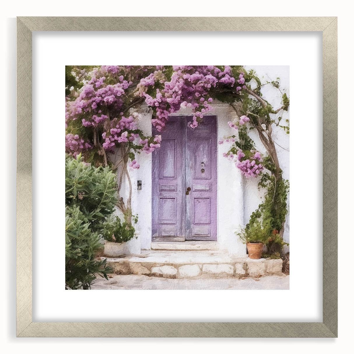 Textured art print featuring an abstract design of a Greek door in muted earth tones, framed in silver.