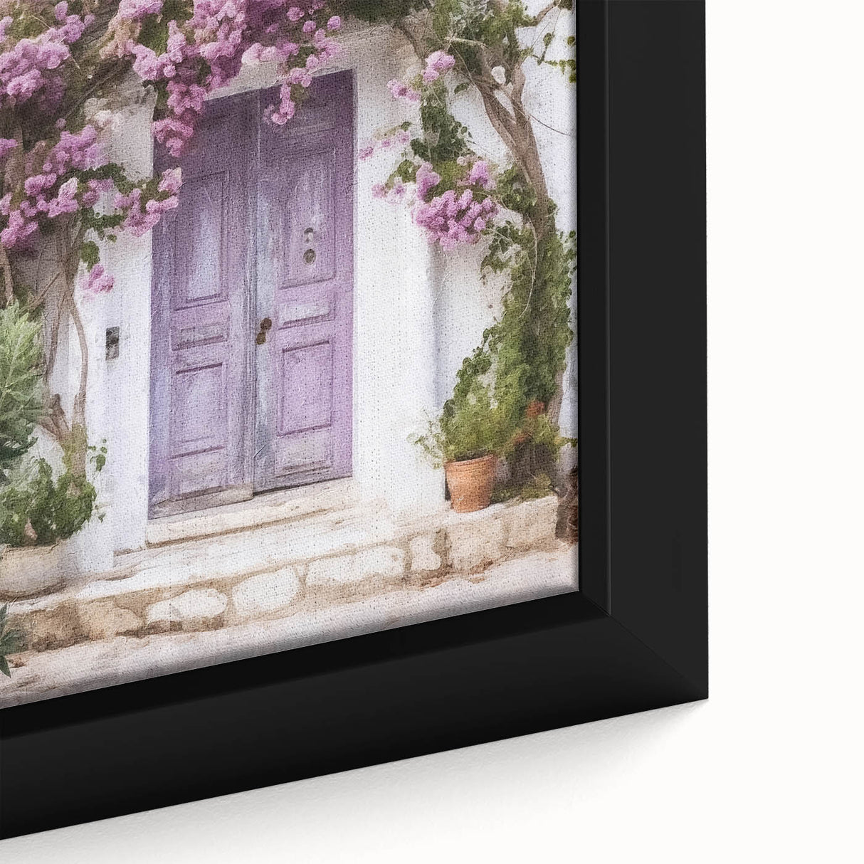 Close-up of a black framed canvas depicting a Greek door in textured style, ideal for living room decor.