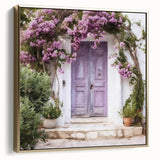 Framed canvas featuring a vintage poster art of a Greek door in silver and gold tones, ideal for bedroom wall decor.