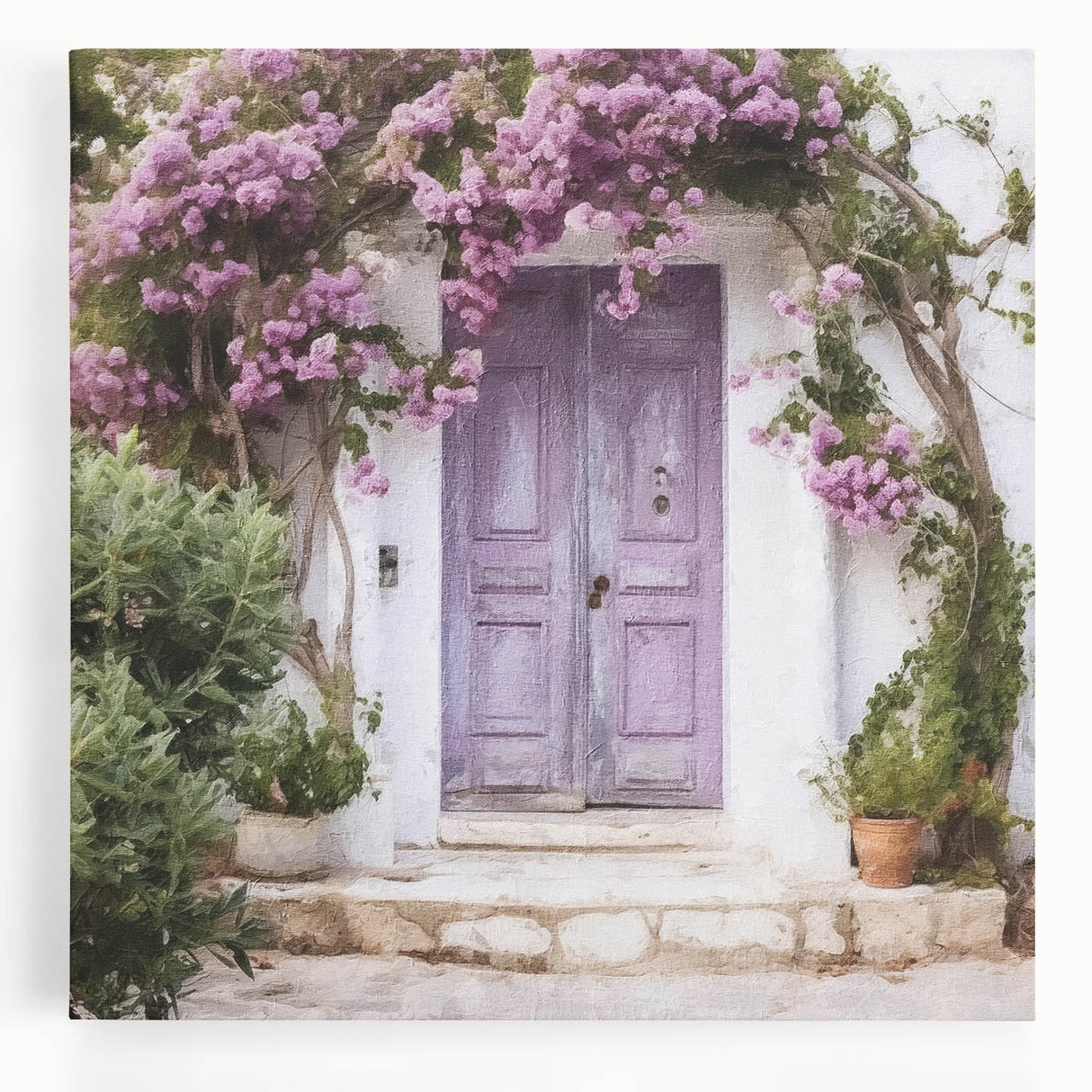 Black and white photo of a Greek door architecture on stretched canvas, ideal for kitchen wall art.