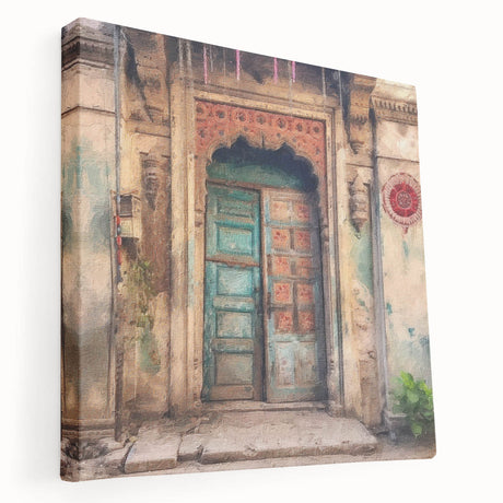 Indian architecture door design on large stretched canvas with detailed carvings in earth tones.