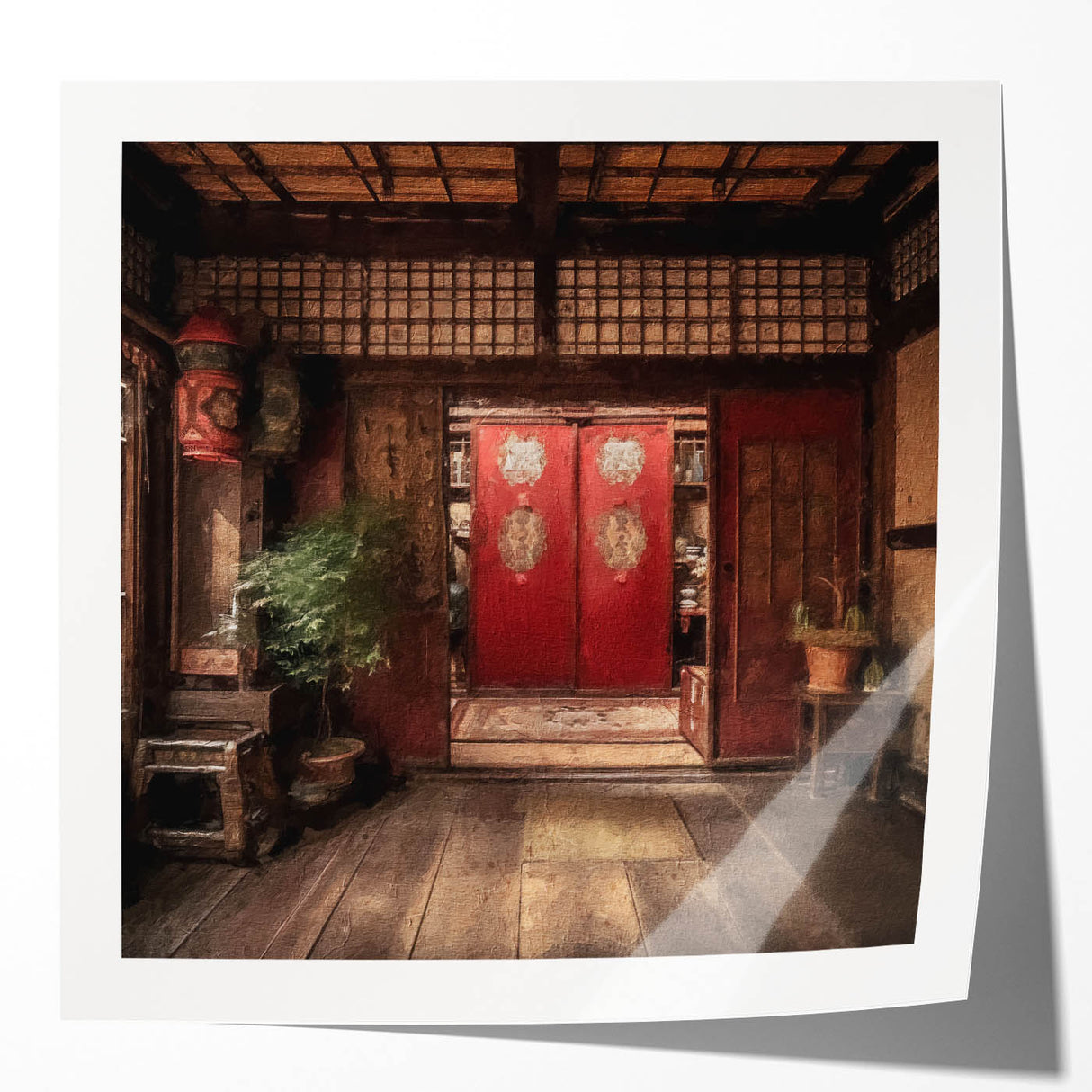 Japanese-style door depicted in a minimalist black and white photo print on glossy paper.