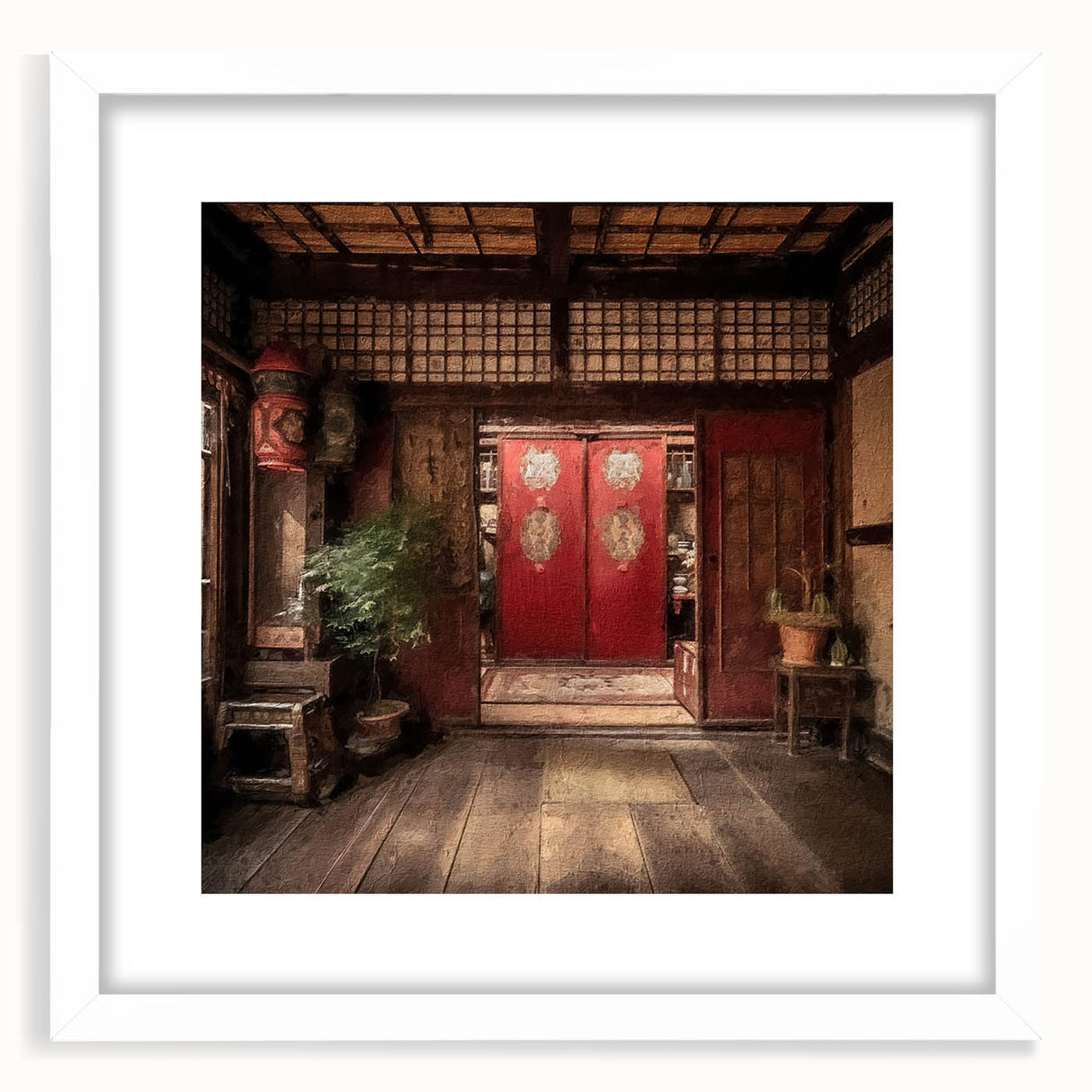 Abstract art print of a Japanese door, using muted earth tones on a white-framed mat, ideal for dining room decor.
