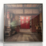 Mid-century modernist art featuring a Japanese door design on a framed acrylic print, with silver tones.