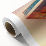 Art Deco style poster depicting geometric architecture in muted beige and cream, printed on rolled canvas.