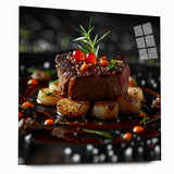 Large abstract wall art depicting various food dishes in vibrant colors on acrylic glass.